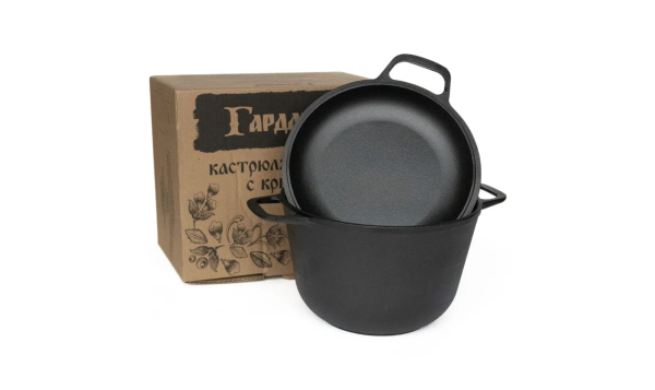 Кастрюля чугунная 6л с чугунной крышкой-сковородой Гардарика